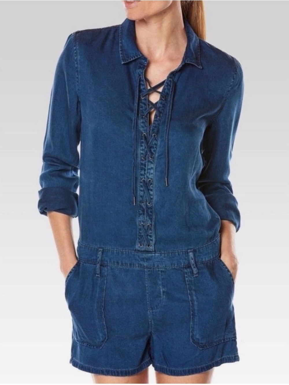 NWT PAIGE Blue Denim Arley Lace Up Long Sleeve Romper Size S